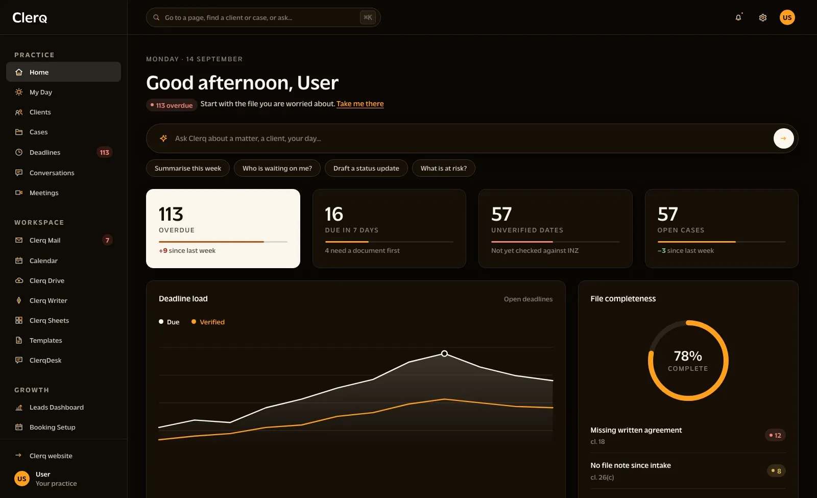 The same Clerq dashboard in dark mode.
