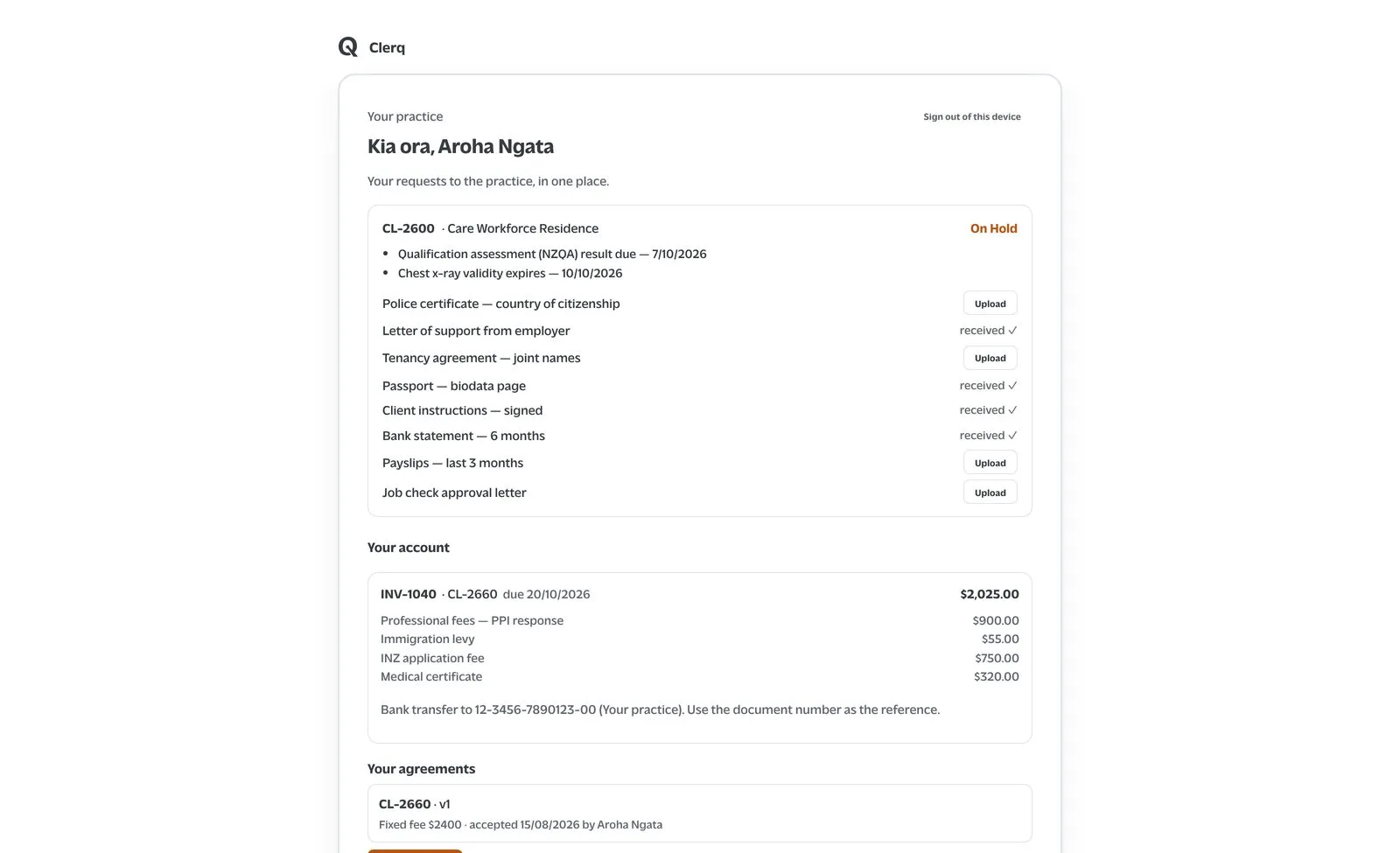 A client’s portal: their case with its status, the key dates, the documents received and still to upload, and their invoice with how to pay it.