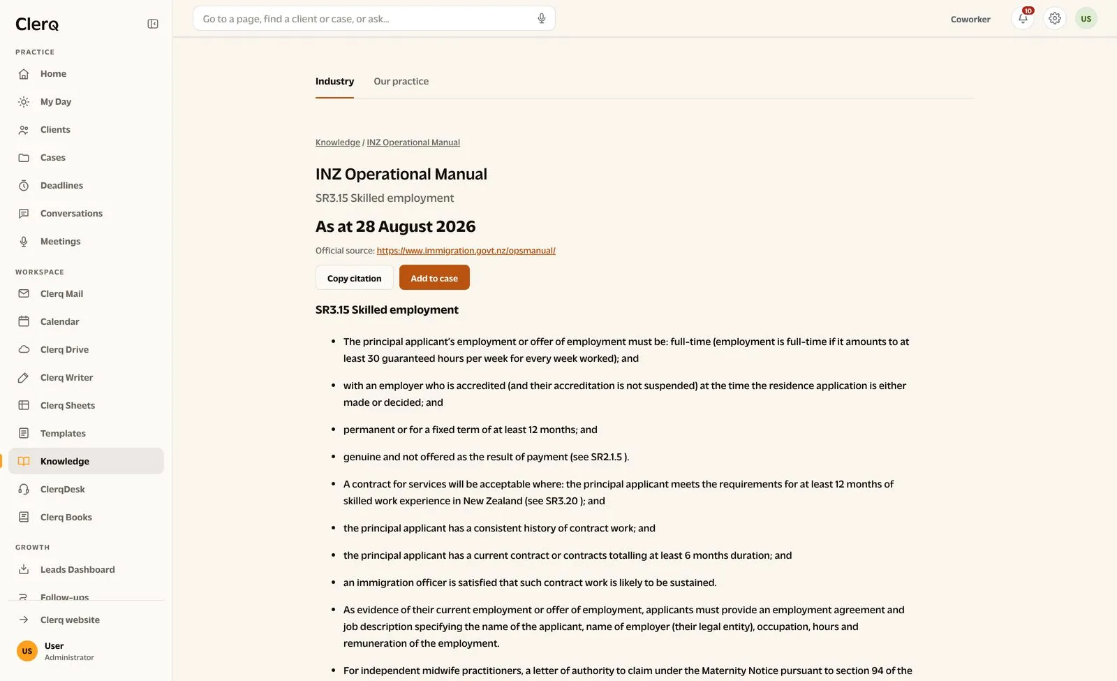 The Industry library open at INZ Operational Manual section SR3.15, Skilled employment, as at 28 August 2026, with a link to the official source, Copy citation and Add to case.